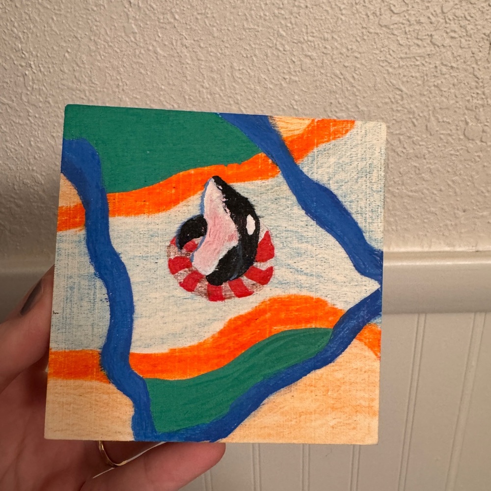“A whale named dale” original mini acrylic painting on wood panel 4x4”